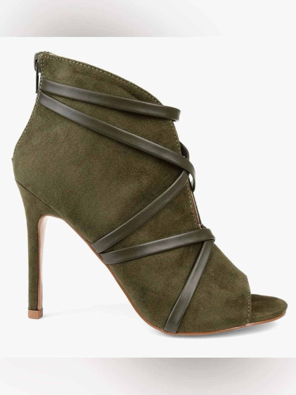 Olive Green Suede Lace-Up Heeled Booties | Open Toe Stiletto | Size 6 - Picture 2 of 10